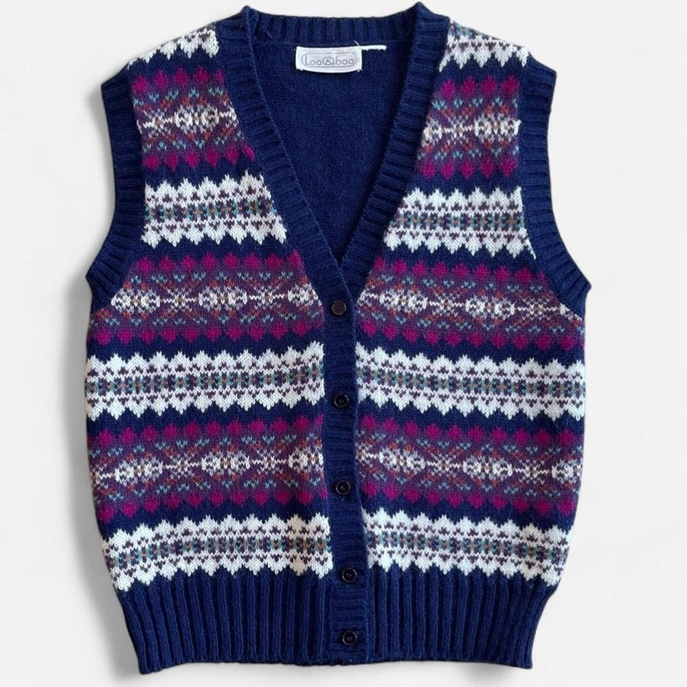 Vintage Loo & Boo Acrylic Knit Navy Blue Multicolored Fair Isle Sweater Vest